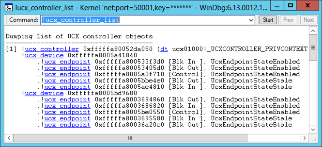 Screenshot der Ausgabe des Befehls !ucx-controller-list, der USB 3.0-Hostcontroller, angeschlossene Geräte und Endpunkte anzeigt.