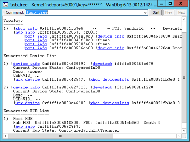 Screenshot der Ausgabe des Befehls !usb_tree, der die Topologie, die aufgezählten Geräte und die Hub-Liste anzeigt.