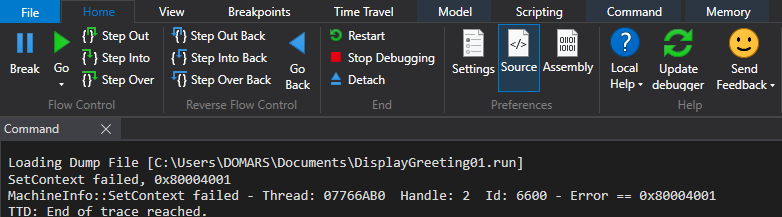 Screenshot: WinDbg-Debugger mit aktiviertem dunklem Design