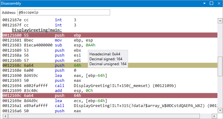 Screenshot des Disassemblfensters im WinDbg-Debugger.