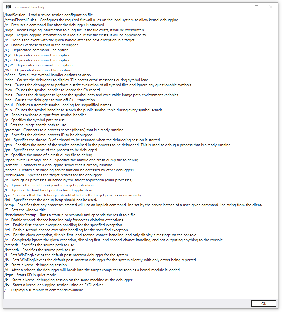 Screenshot der WinDbgX-Befehlszeilenhilfeausgabe mit verschiedenen Optionen