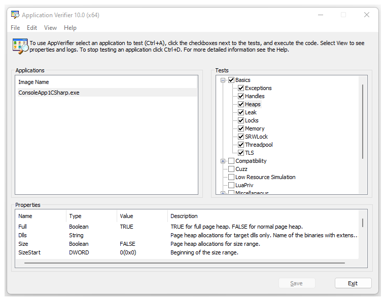 Screenshot: Application Verifier mit Eigenschaften für den Heaps-Test
