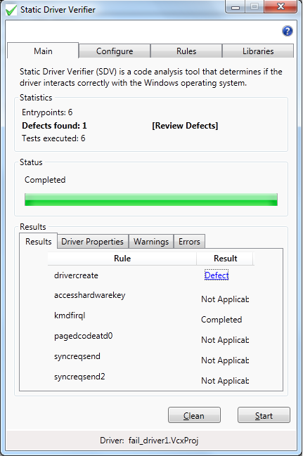 Screenshot der Ergebnisübersicht in Visual Studio nach der Ausführung von Static Driver Verifier.