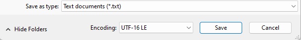 Screenshot des Dialogfelds „Speichern unter“ mit ausgewählter UTF-16 LE-Codierung.