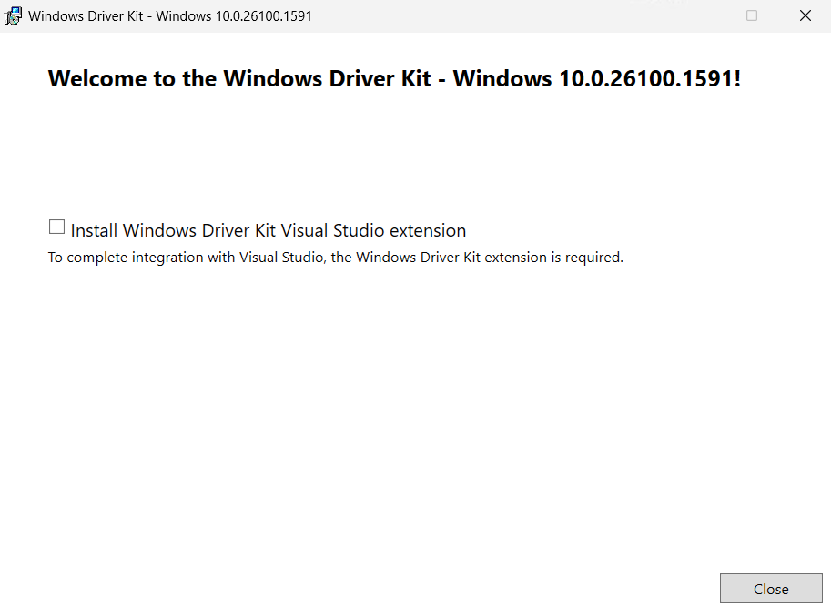 Installieren Sie das Kontrollkästchen für die Visual Studio-Erweiterung des Windows Driver Kit.