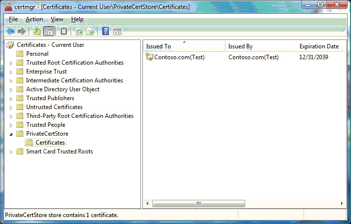 Screenshot des Zertifikatspeichers mit dem Testzertifikat .