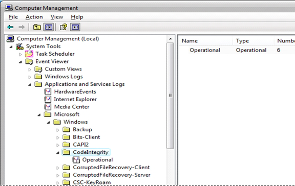 Screenshot des Computerverwaltungsfensters, das die Anzeige von Codeintegritätsereignissen veranschaulicht.