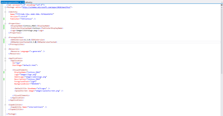 Screenshot der Datei „package.appxmanifest“ in der Codeansicht.