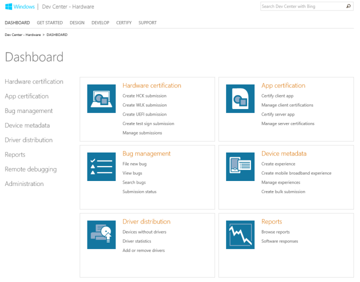 Screenshot der Startseite des Windows Dev Center-Hardwaredashboards.