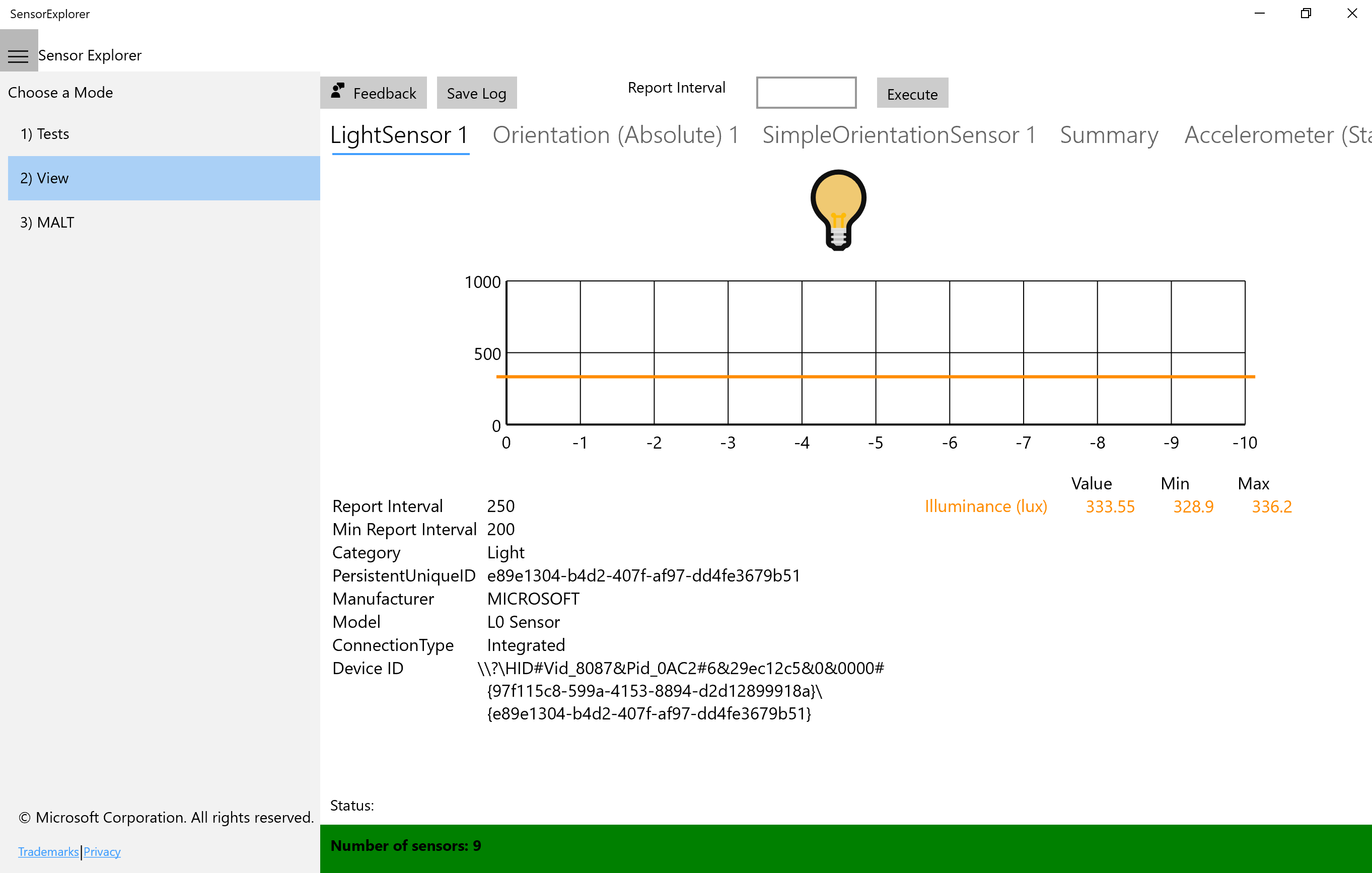 Screenshot: SensorExplorer im Ansichtsmodus mit ausgewählter Option LightSensor1