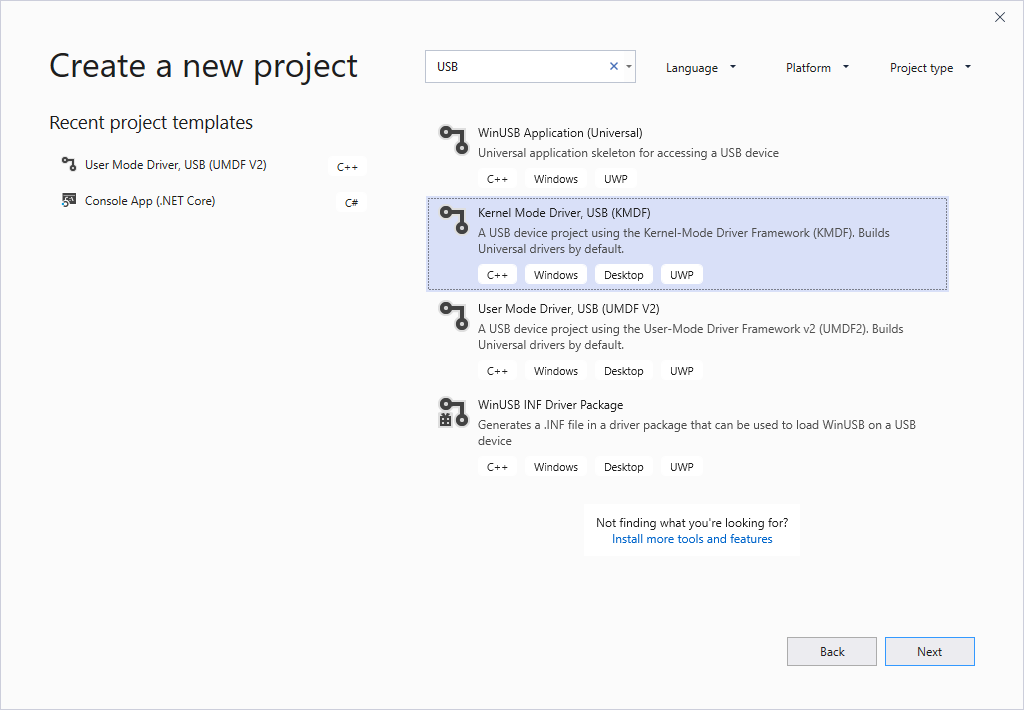 Visual Studio neue Projektoptionen.