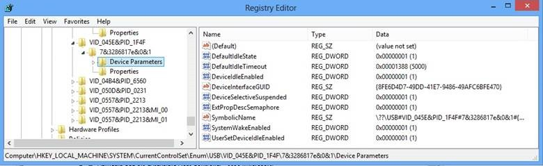 Screenshot: Windows-Registrierungs-Editor mit Einstellungen für ein WinUSB-Gerät