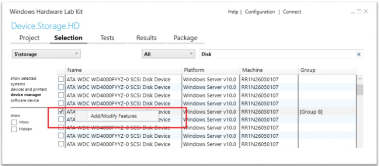 hlk Studio zeigt den Test device.storage.hd mit dem Kontextmenü Features hinzufügen/ändern.