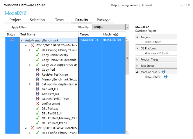 Windows HLK Studio – Registerkarte „Ergebnisse“