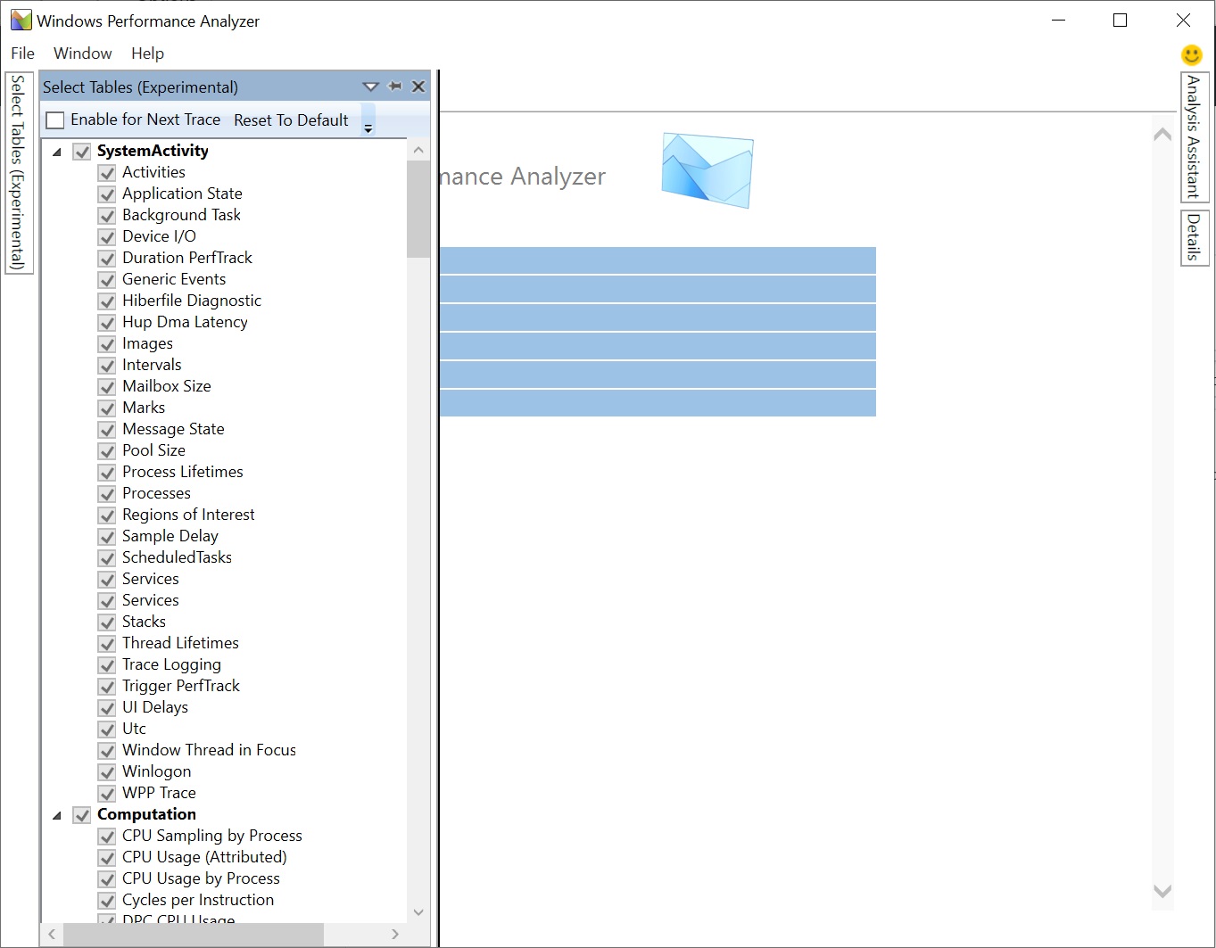 Dialogfeld für die Tabellenauswahl von Windows Performance Analyzer mit allen ausgewählten Tabellen