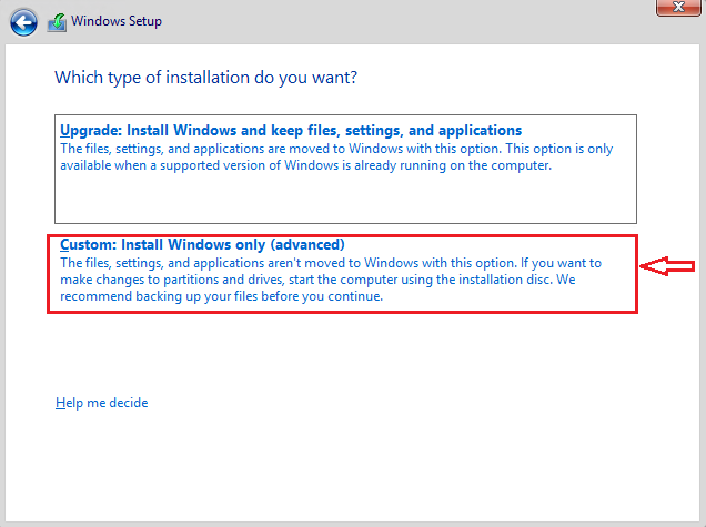 Screenshot des Installationsassistenten von Windows Server 2016, der die ausgewählte Option der benutzerdefinierten Installation zeigt