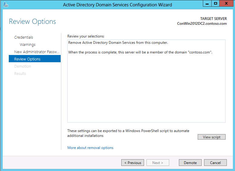 Screenshot der letzten Seite „Optionen prüfen“ des Konfigurations-Assistenten für Active Directory Domain Services.