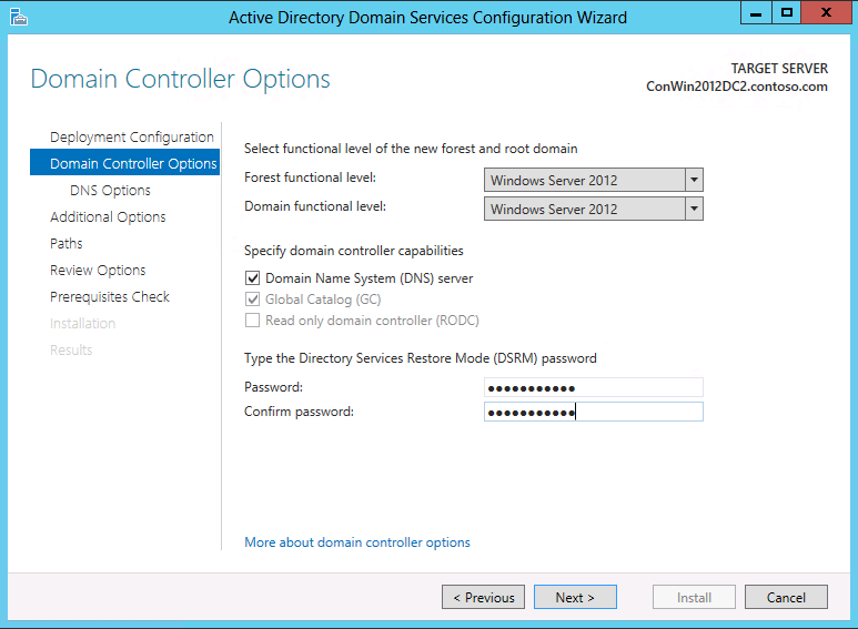 Screenshot der Seite „Domänencontrolleroptionen“ des Konfigurations-Assistenten für Active Directory Domain Services mit den Optionen, die beim Erstellen einer neuen Gesamtstruktur angezeigt werden.