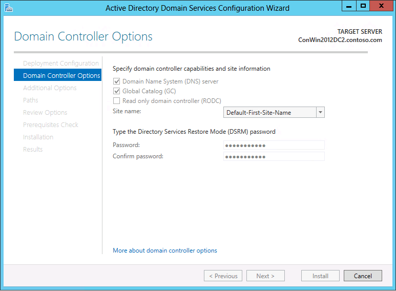 Screenshot der Seite „Domänencontrolleroptionen“ des Konfigurations-Assistenten für Active Directory Domain Services mit den Optionen, die beim Hinzufügen eines Domänencontrollers zu einer Domäne angezeigt werden.