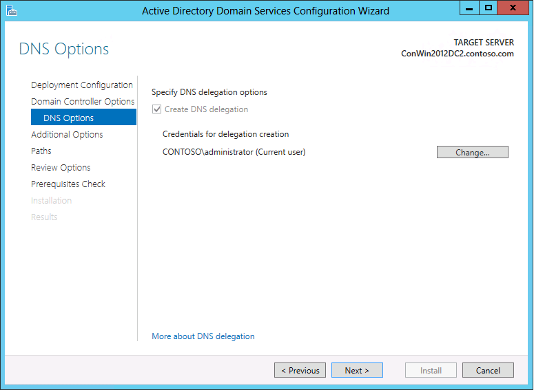 Screenshot der Seite „DNS-Optionen“ des Konfigurations-Assistenten für Active Directory Domain Services.