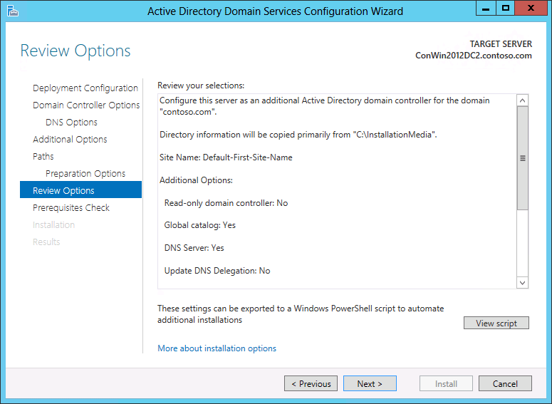 Screenshot der Seite „Optionen prüfen“ des Konfigurations-Assistenten für Active Directory Domain Services.