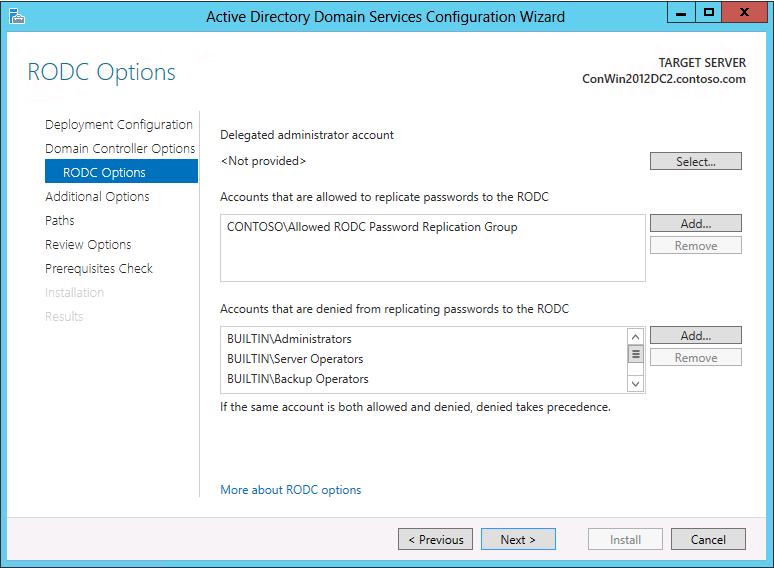 Screenshot der Seite „RODC-Optionen“ des Konfigurations-Assistenten für Active Directory Domain Services mit den Optionen, die beim Installieren eines schreibgeschützten Domänencontrollers angezeigt werden.