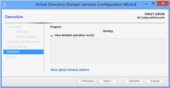 Konfigurations-Assistent für Active Directory Domain Services: Herabstufung wird ausgeführt