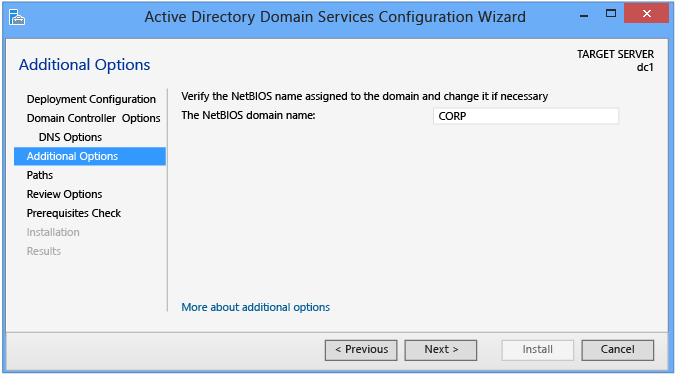 Screenshot der Seite „Weitere Optionen“ des Konfigurations-Assistenten für Active Directory Domain Services.