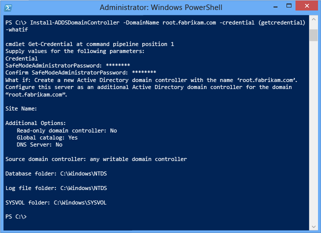 Screenshot: Terminalfenster, das die Verwendung des optionalen Whatif-Arguments mit dem Cmdlet „Install-ADDSDomainController“ zeigt