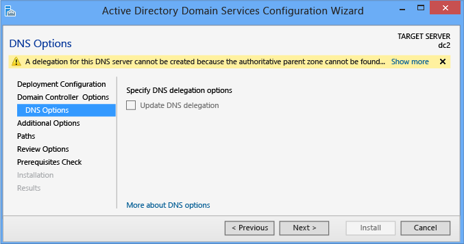 Screenshot: Angeben der Option für die DNS-Delegierung