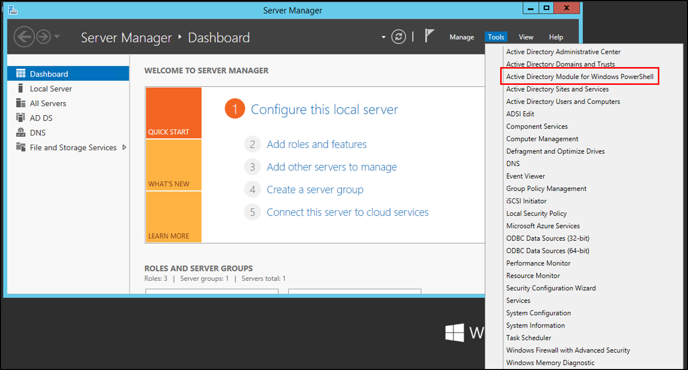 Screenshot der Dropdownliste „Tools“ in Server-Manager mit hervorgehobener Option „Active Directory-Modul für Windows PowerShell“.