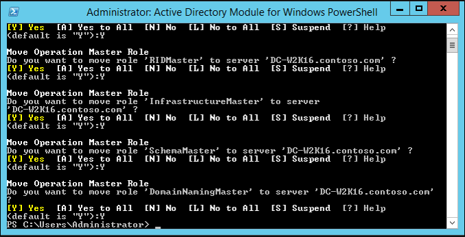 Screenshot des Fensters „Active Directory-Modul für Windows PowerShell“ mit den Ergebnissen des Cmdlets „Move-ADDirectoryServerOperationMasterRole“.