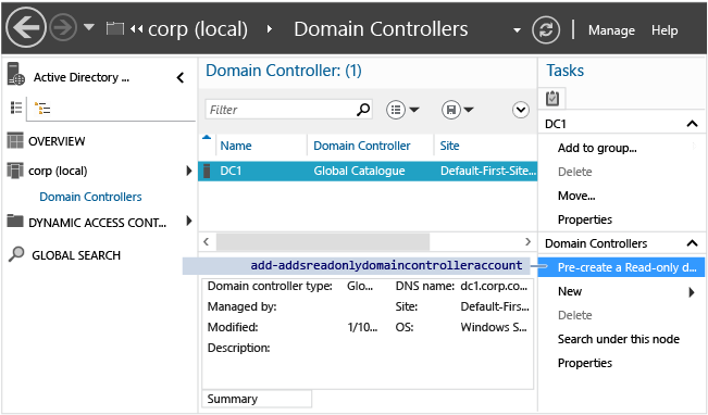 Screenshot des Active Directory-Verwaltungscenters, in dem im Aufgabenbereich die Option „Konto für schreibgeschützten Domänencontroller vorab erstellen“ hervorgehoben ist.