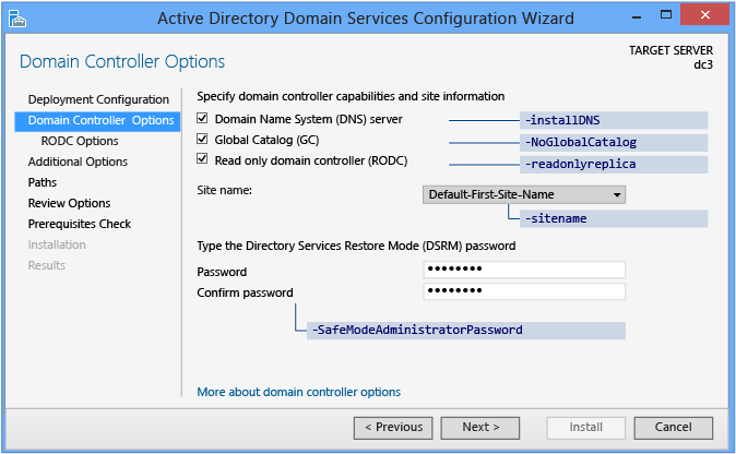 Screenshot der Seite „Domänencontrolleroptionen“ des Konfigurations-Assistenten für Active Directory Domain Services ohne Stagingbereitstellung.