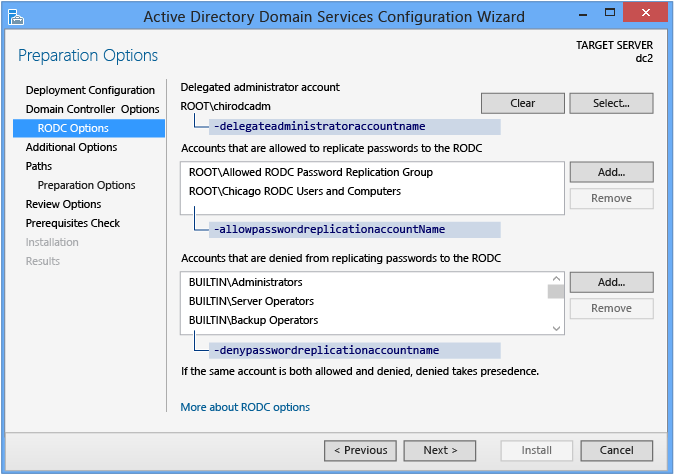 Screenshot der Seite „RODC-Optionen“ des Konfigurations-Assistenten für Active Directory Domain Services ohne Stagingbereitstellung.