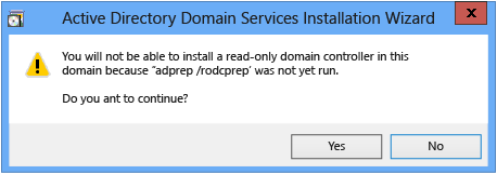 Screenshot der Warnmeldung des Assistenten zum Installieren von Active Directory Domain Services, die besagt, dass „adprep /rodcprep“ noch nicht ausgeführt wurde.