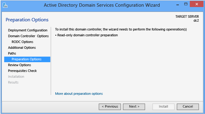 Screenshot der Seite „Vorbereitungsoptionen“ des Konfigurations-Assistenten für Active Directory Domain Services ohne Stagingbereitstellung.