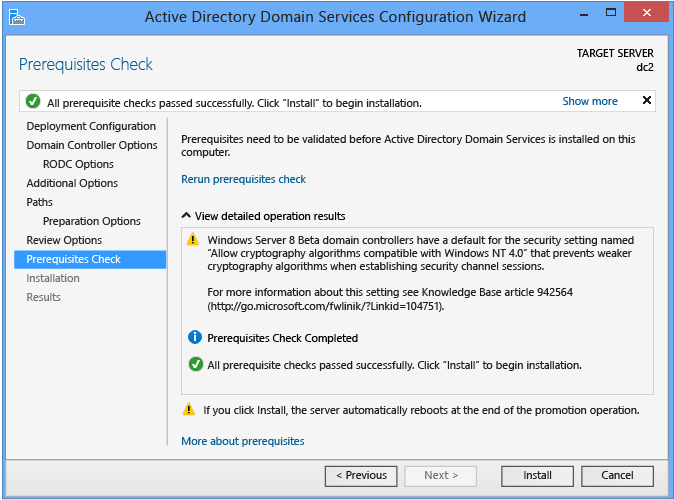 Screenshot der Seite „Voraussetzungsüberprüfung“ des Konfigurations-Assistenten für Active Directory Domain Services ohne Stagingbereitstellung.