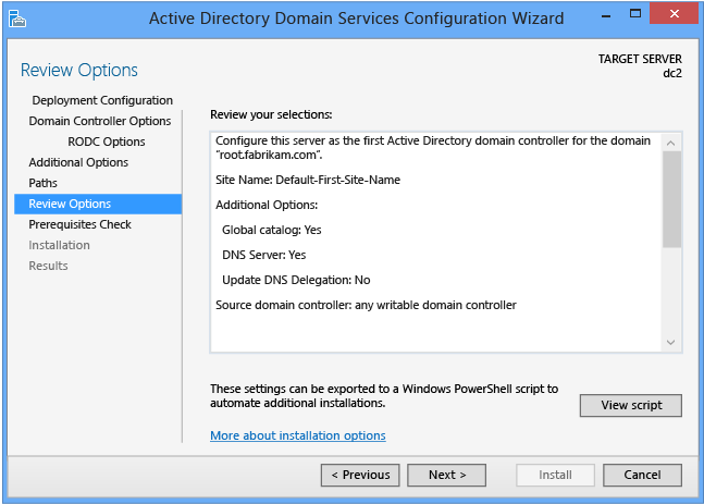 Screenshot der Seite „Optionen prüfen“ des Konfigurations-Assistenten für Active Directory Domain Services ohne Stagingbereitstellung.