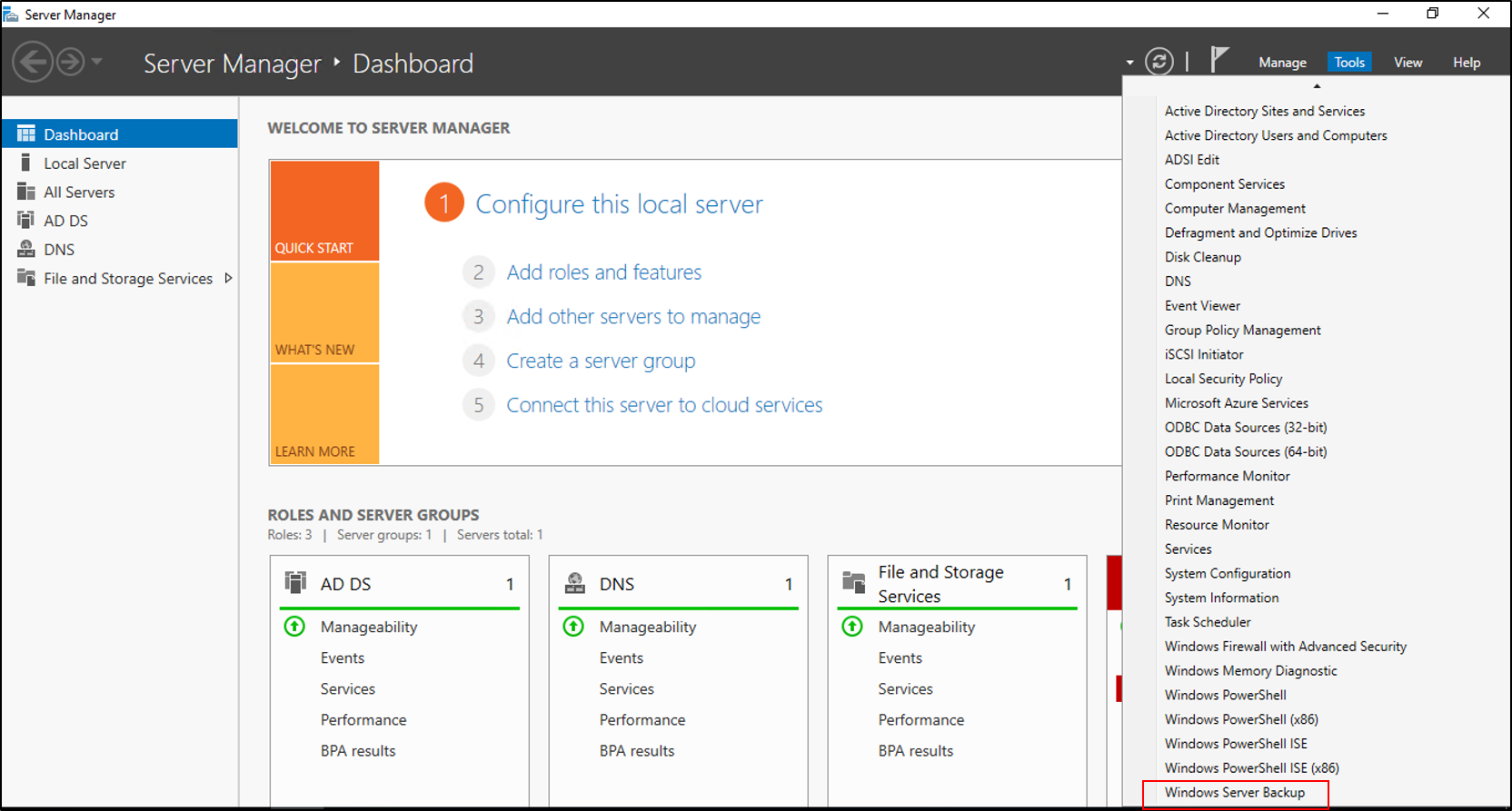 Screenshot mit hervorgehobener Menüoption „Windows Server-Sicherung“.