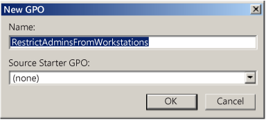 Screenshot des Fensters „Neues Gruppenrichtlinienobjekt“ für die Eingabe des Gruppennamens und des Quellstart-GPO.