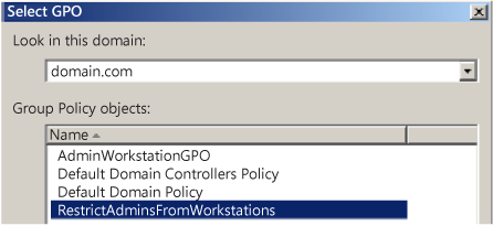 Screenshot des Fensters „Gruppenrichtlinienobjekt auswählen“, in dem Sie eine Domäne und Gruppenrichtlinienobjekte auswählen.