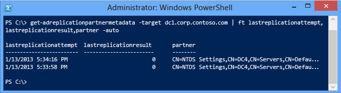 Screenshot: Zeitpunkt der letzten Replikation eines Domänencontrollers in eingehender Richtung und beteiligte Partner in Tabellenform