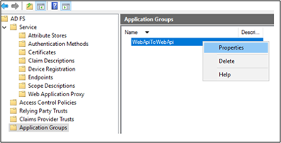 Screenshot 2: Dialogfeld „A D F S-Verwaltung“ mit hervorgehobener Gruppe „WebApiToWebApi“ und der Option „Eigenschaften“ in der Dropdownliste