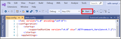 Screenshot: Visual Studio-Benutzeroberfläche mit hervorgehobener Option „Start“