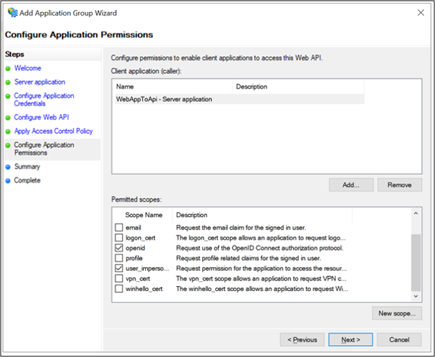 Screenshot: Seite „Anwendungsberechtigungen konfigurieren“ im Assistenten zum Hinzufügen von Anwendungsgruppen mit ausgewählten Optionen „openid“ und „user_impersonation“.