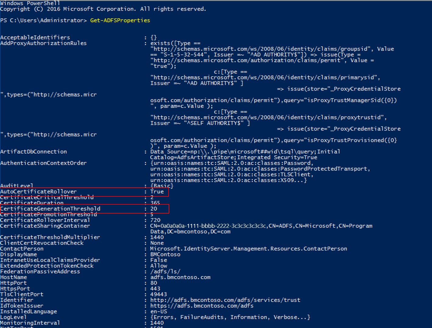 Screenshot: PowerShell-Fenster mit den hervorgehobenen Werten „AutoCertificateRollover“ und „CertificateGenerationThreshold“