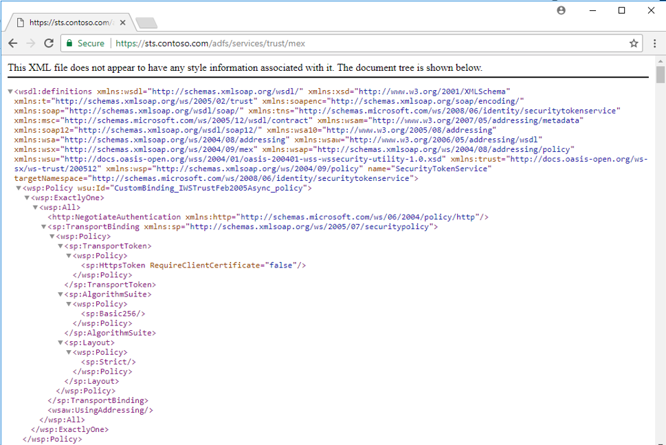 Screenshot der XML-Datei des AD FS-Verbundmetadatenendpunkts.