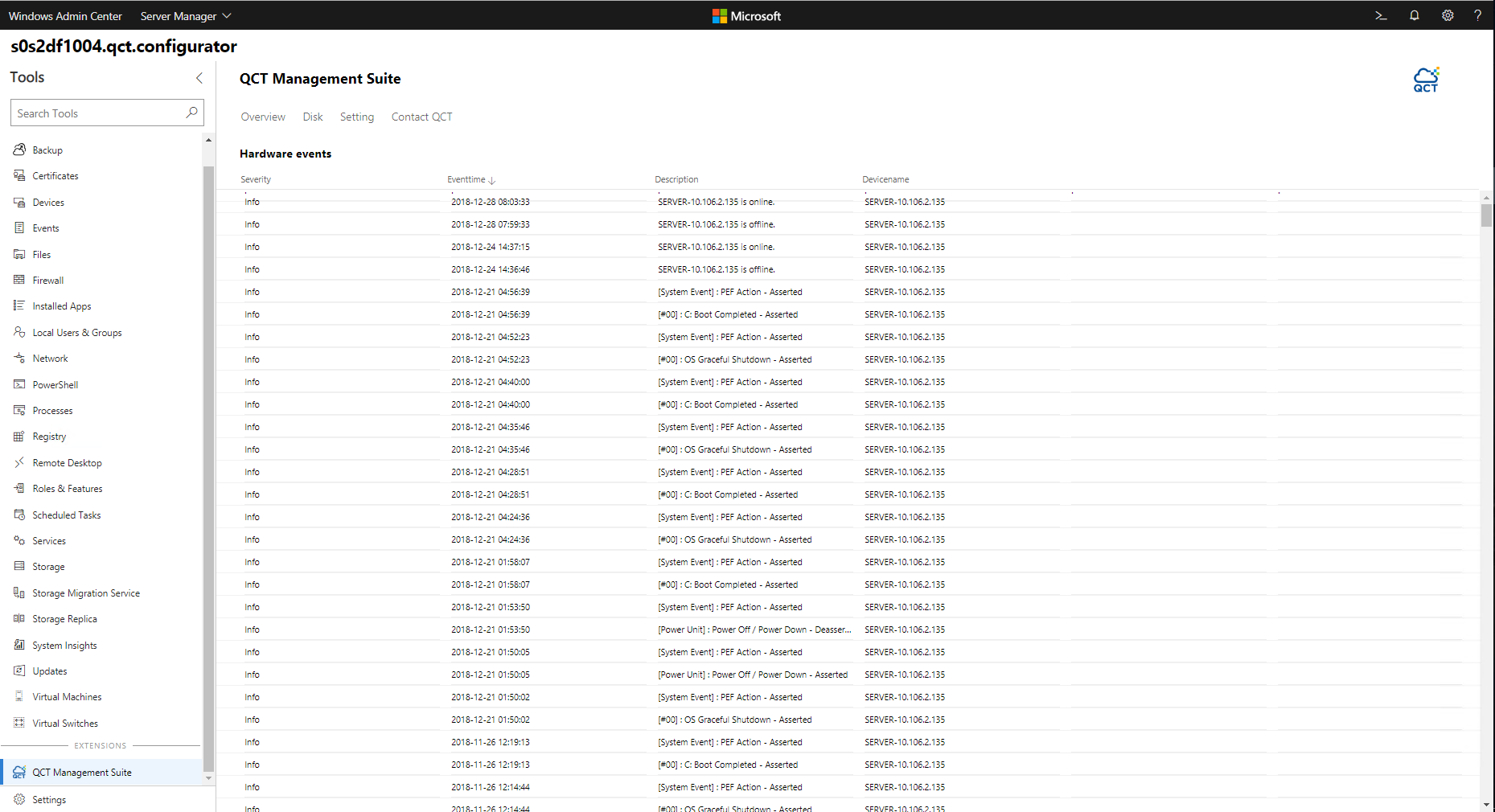 Screenshot des Überwachungstools für das Hardwareereignisprotokoll und den Integritätsstatus, das in der QCT-Erweiterung enthalten ist