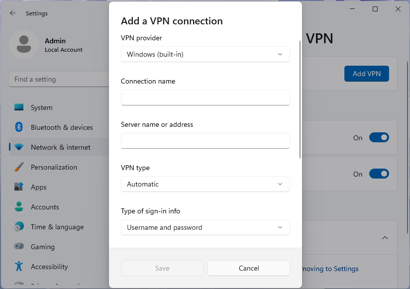 Screenshot: Dialogfeld „VPN-Verbindung hinzufügen“ in der App „Einstellungen“ unter Windows 11